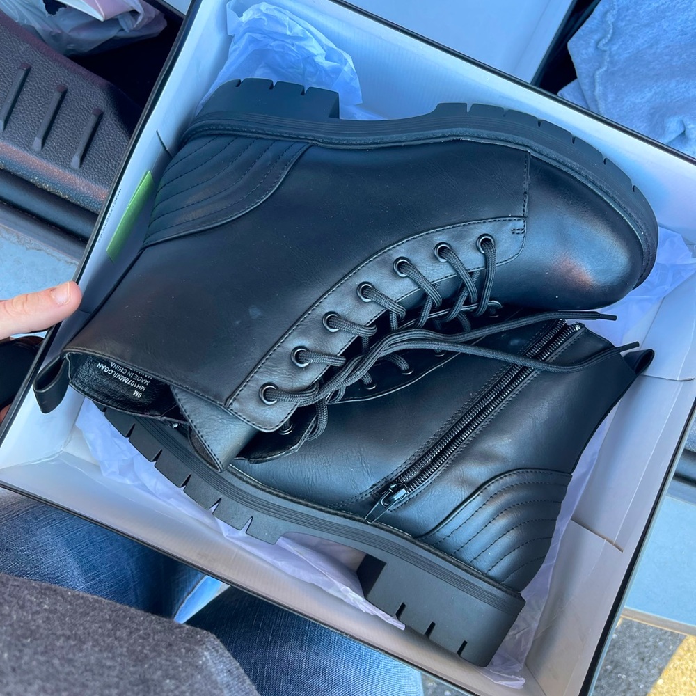 MIA black combat boots, size 9 in woman’s.